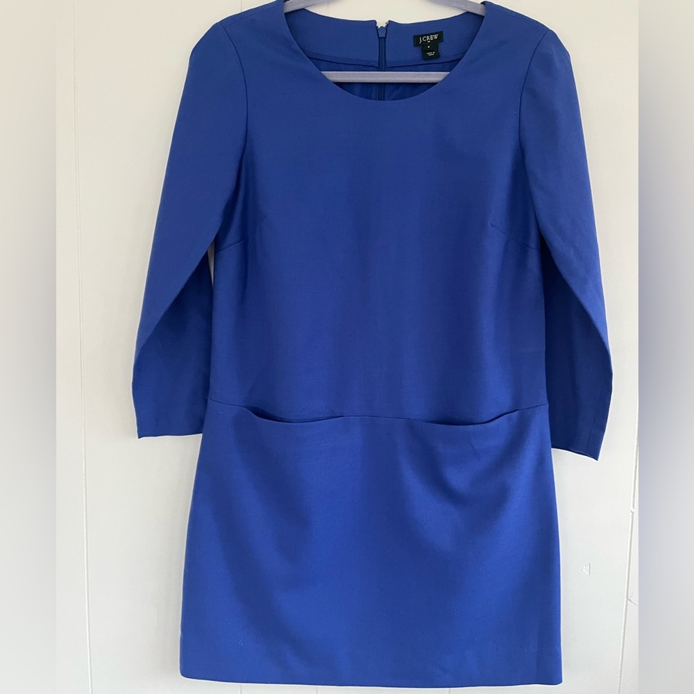 J.Crew Royal Blue Wool Blend Shift Sheath Long Sleeve Dress Pockets Size 0